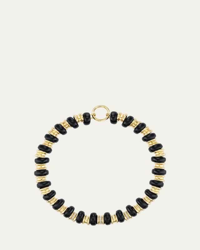 18K Yellow Gold Onyx Rondelle and Diamond Necklace with Charm Clip